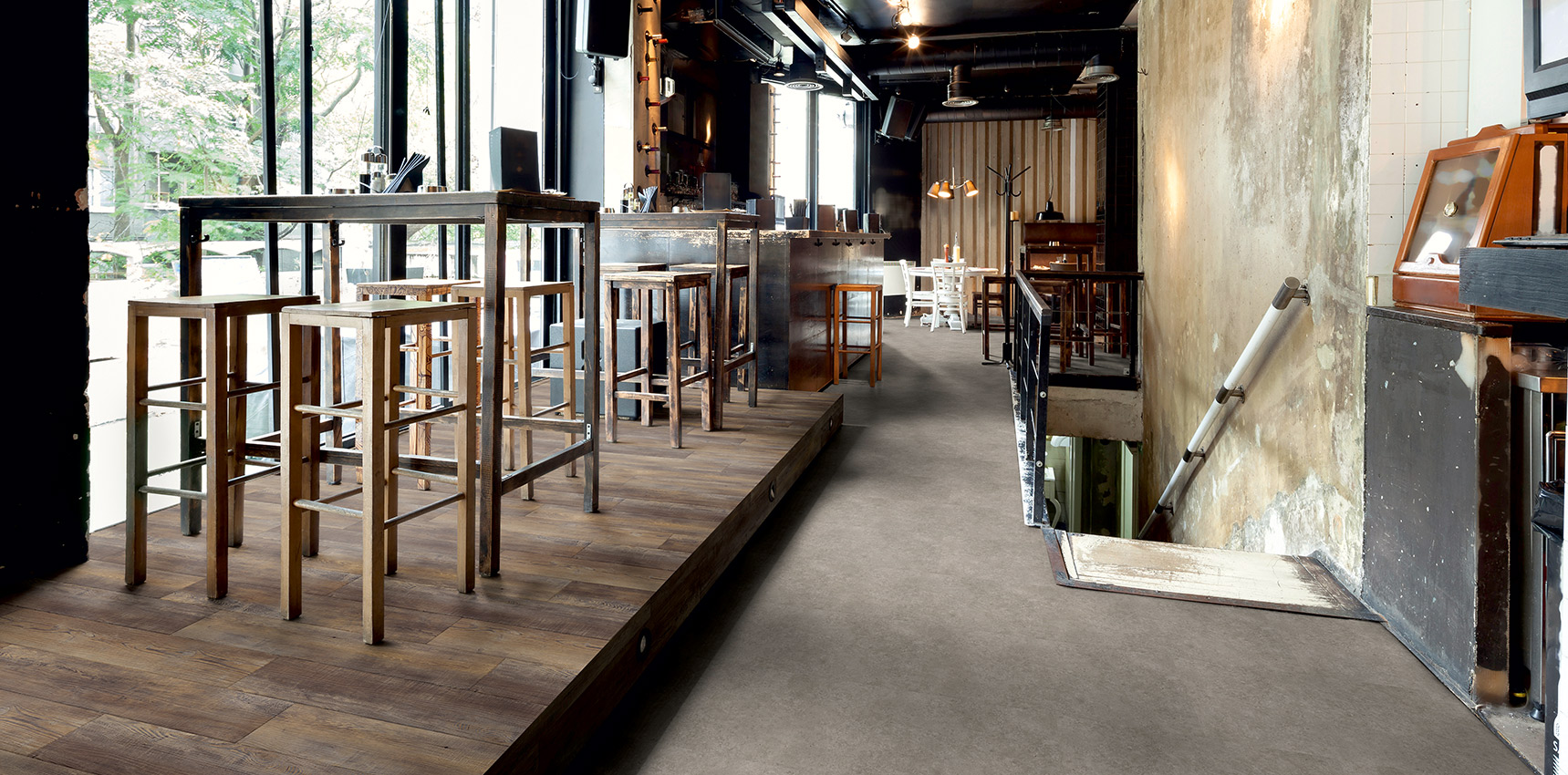 Bodenbelag Cafe Bar Fussboden Betonoptik EIche Rustikal Vinylboden Designboden