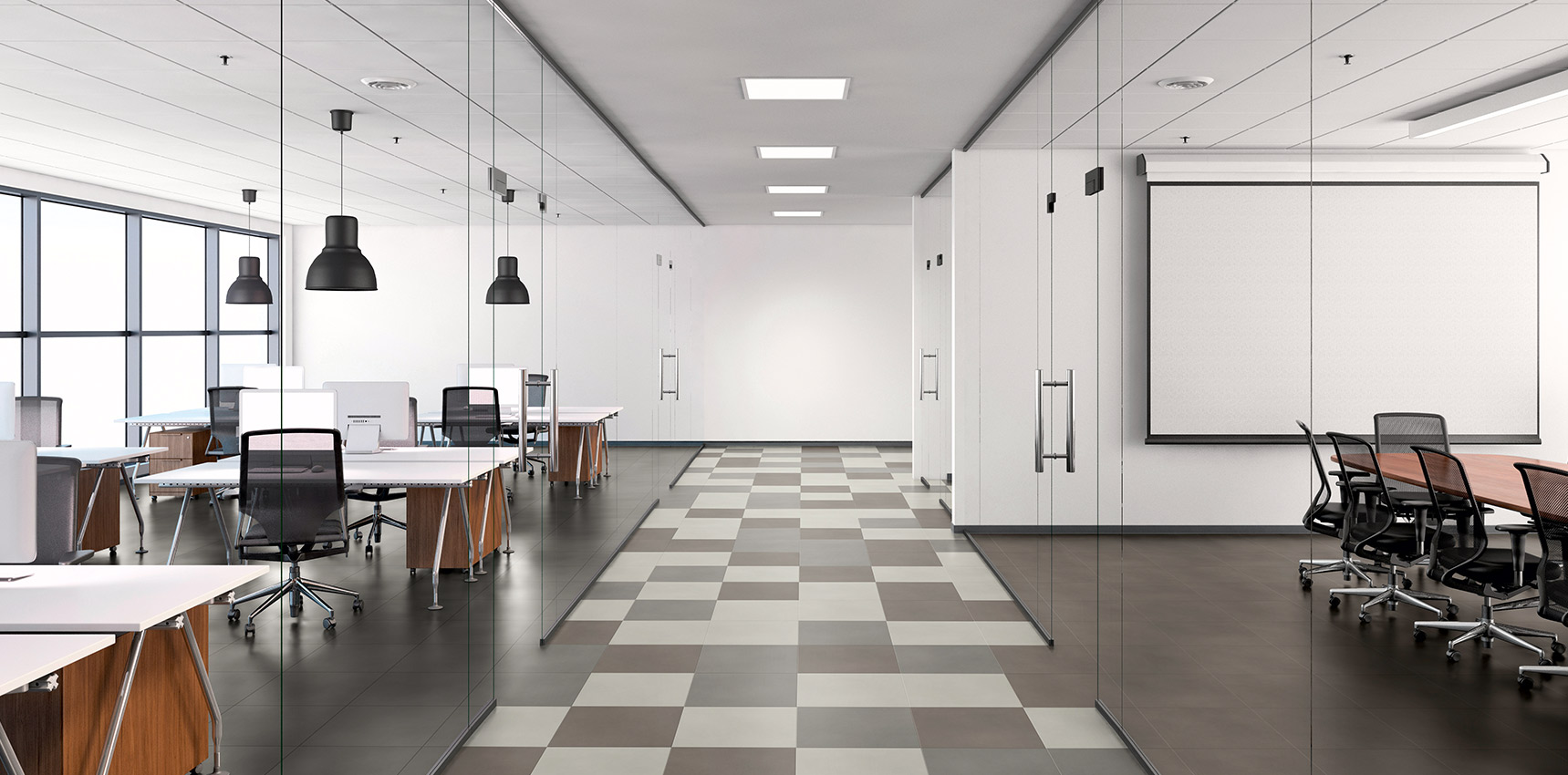Bodenbelag Vinylboden Fliesenoptik Bürogebäude Designboden Schachbrettmuster