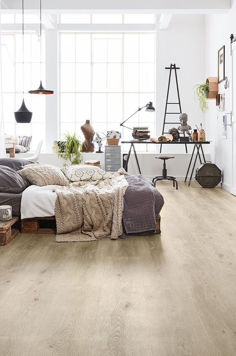 wineo Vinyl Boden Loft klick Vinyl Boden Loft Schlafzimmer Palettenbett Holzboden Industrial Living