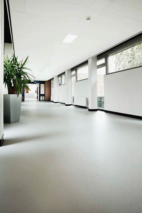 wineo Purline Bioboden Rollenware weiß modern hell Korridor große Glasfenster Klinikum