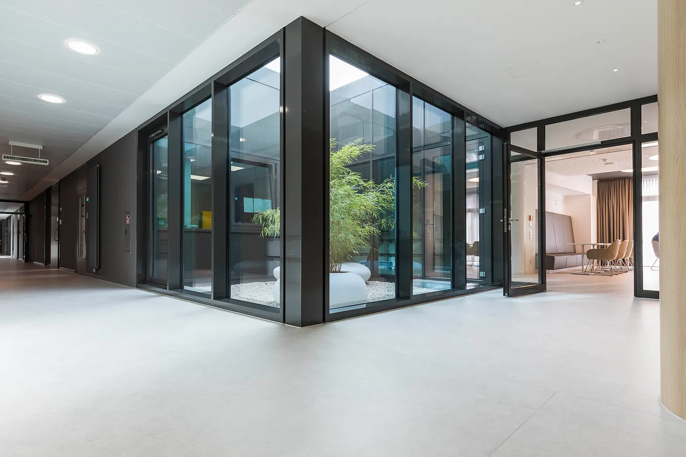 wineo Purline Bioboden Rollenware weiß Korridor Fensterwand modern hell Klinikum