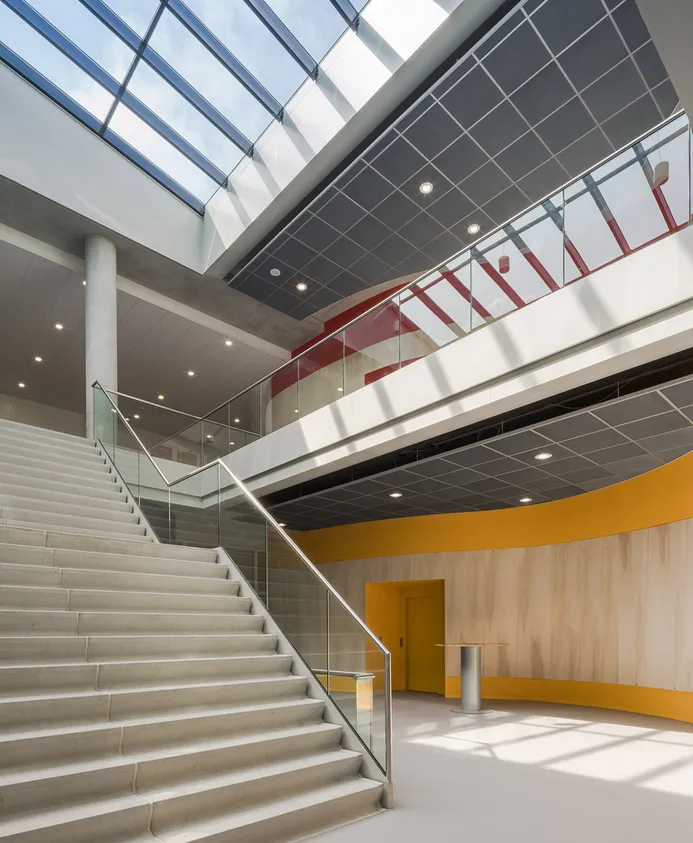 wineo Purline Bioboden Rollenware grau Foyer orange groß Treppen hell 