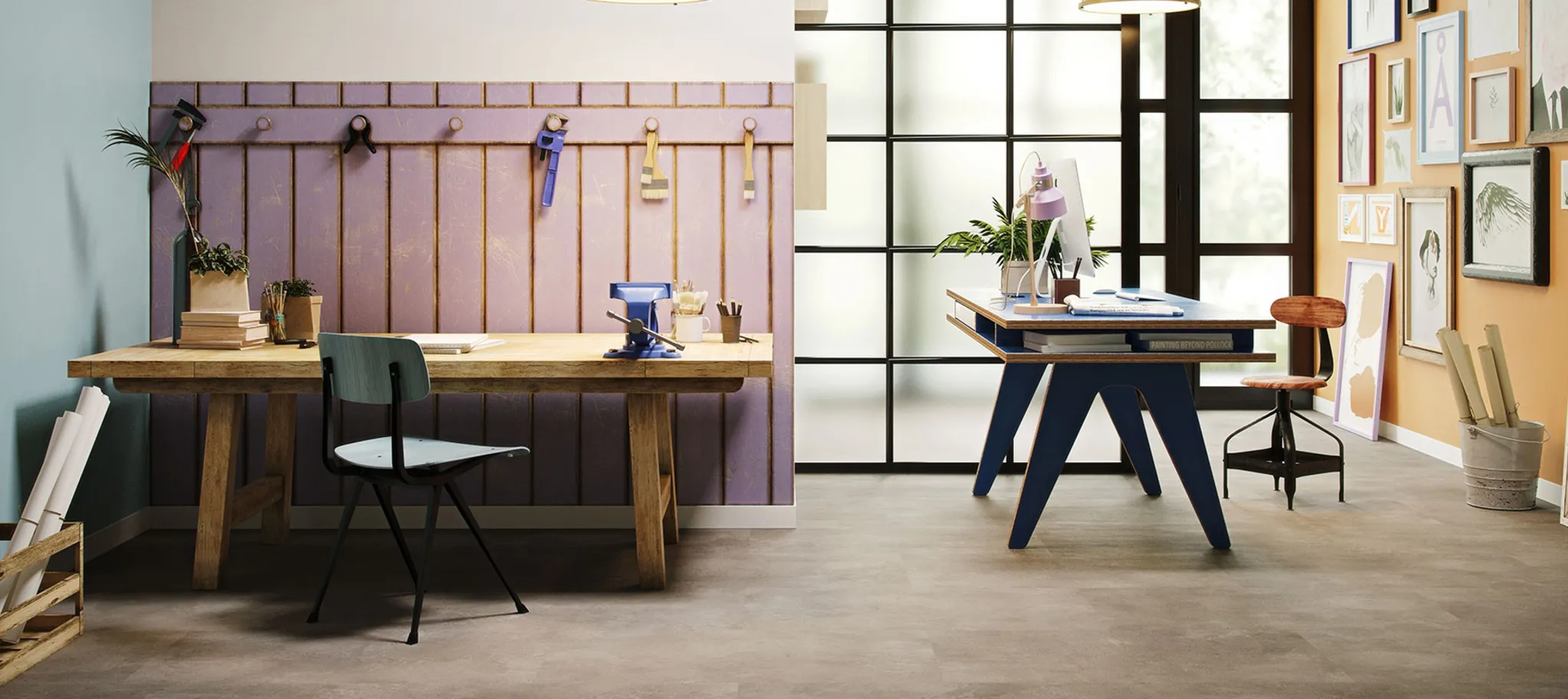 Modernes Homeoffice mit Betonfußboden in Fliesenoptik